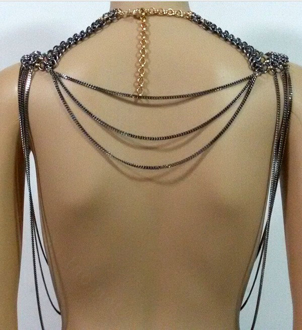 Fashion Alloy Multi Layer Body Chain Punk Slave Harness Shoulder Necklace Jewelry - Sliver