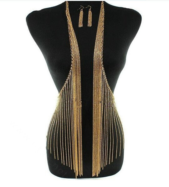 Fashion Alloy Vest Style Necklaces + Earrings Set Tassel Body Waist Chain Jewelry - Gold