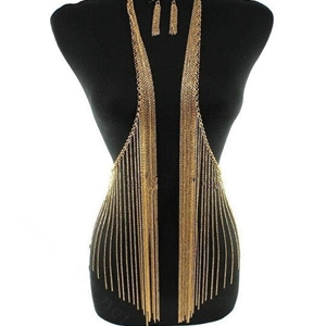 Fashion Alloy Vest Style Necklaces + Earrings Set Tassel Body Waist Chain Jewelry - Gold
