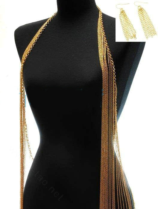 Fashion Alloy Vest Style Necklaces + Earrings Set Tassel Body Waist Chain Jewelry - Sliver