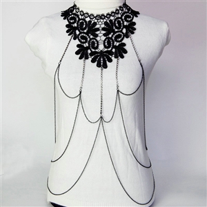 Fashion Belly Waist Body Chain Sexy Crystal Lace Choker Necklace Harness Jewelry - Black