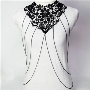 Fashion Belly Waist Body Chain Tassel Lace Flower Crystal Choker Necklace Jewelry - Black