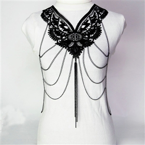 Fashion Belly Waist Body Chain Tassel Lace Hollow Flower Choker Necklace Jewelry - Black