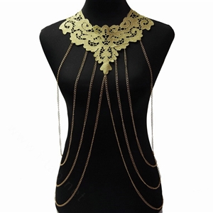 Fashion Belly Waist Body Chain Tassel Lace Hollow Flower Choker Necklace Jewelry - Gold