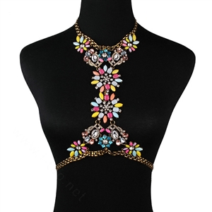 Fashion Crystal Flower Bib Pendant Necklace Dinner Party Dress Decro Body Chain - Colour