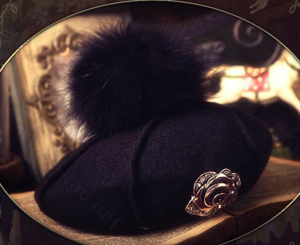 Fashion Flower Diamond Knitted Wool Hats Winter Warm Fox Fur Pom Poms Beanies Caps - Black
