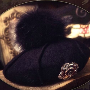 Fashion Flower Diamond Knitted Wool Hats Winter Warm Fox Fur Pom Poms Beanies Caps - Black