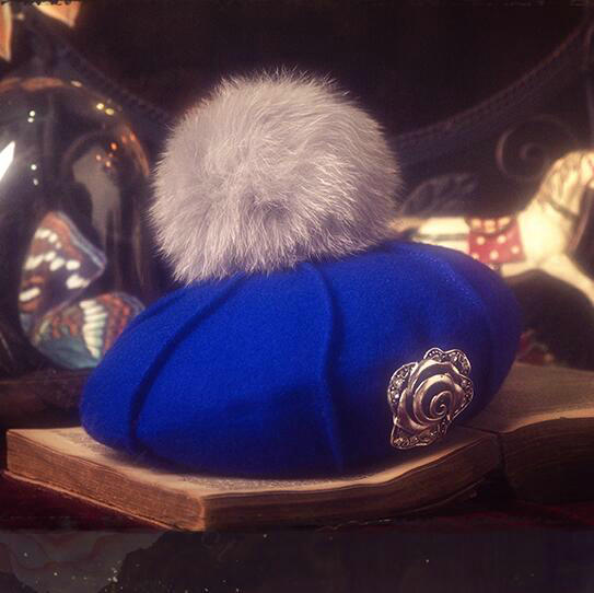 Fashion Flower Diamond Knitted Wool Hats Winter Warm Fox Fur Pom Poms Beanies Caps - Blue