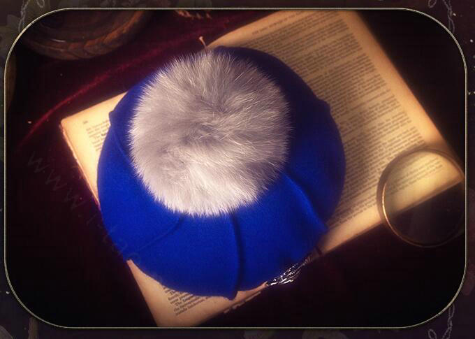 Fashion Flower Diamond Knitted Wool Hats Winter Warm Fox Fur Pom Poms Beanies Caps - Blue