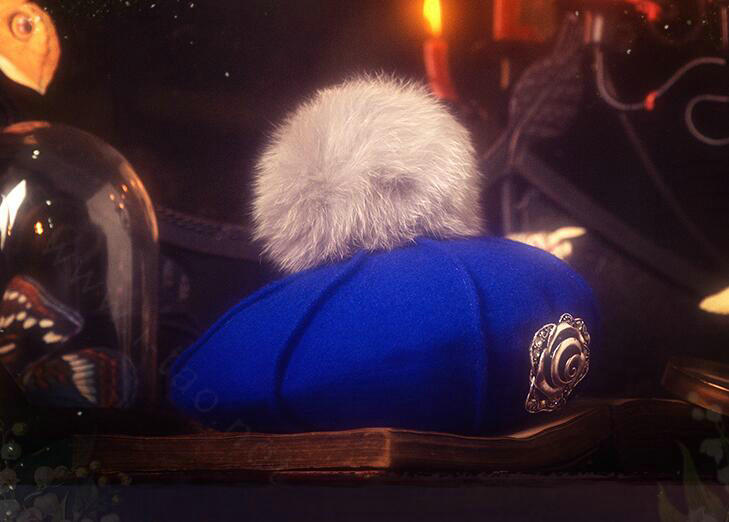 Fashion Flower Diamond Knitted Wool Hats Winter Warm Fox Fur Pom Poms Beanies Caps - Blue