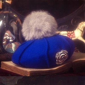 Fashion Flower Diamond Knitted Wool Hats Winter Warm Fox Fur Pom Poms Beanies Caps - Blue