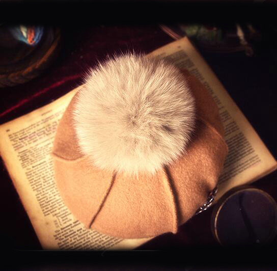 Fashion Flower Diamond Knitted Wool Hats Winter Warm Fox Fur Pom Poms Beanies Caps - Camel