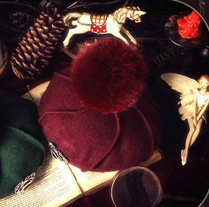 Fashion Flower Diamond Knitted Wool Hats Winter Warm Fox Fur Pom Poms Beanies Caps - Dark Red