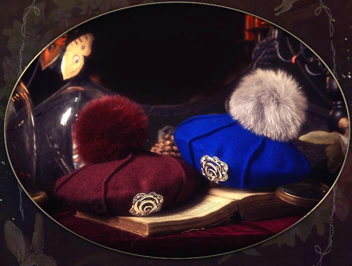 Fashion Flower Diamond Knitted Wool Hats Winter Warm Fox Fur Pom Poms Beanies Caps - Dark Red
