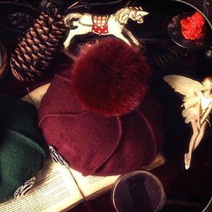 Fashion Flower Diamond Knitted Wool Hats Winter Warm Fox Fur Pom Poms Beanies Caps - Dark Red