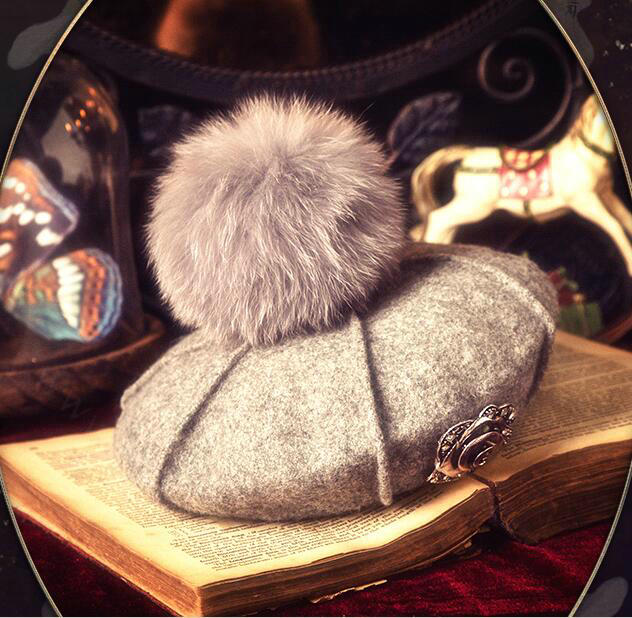 Fashion Flower Diamond Knitted Wool Hats Winter Warm Fox Fur Pom Poms Beanies Caps - Gray