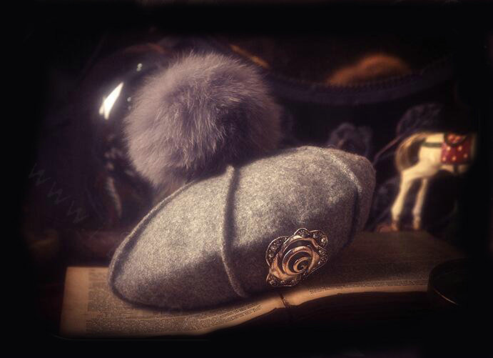 Fashion Flower Diamond Knitted Wool Hats Winter Warm Fox Fur Pom Poms Beanies Caps - Gray