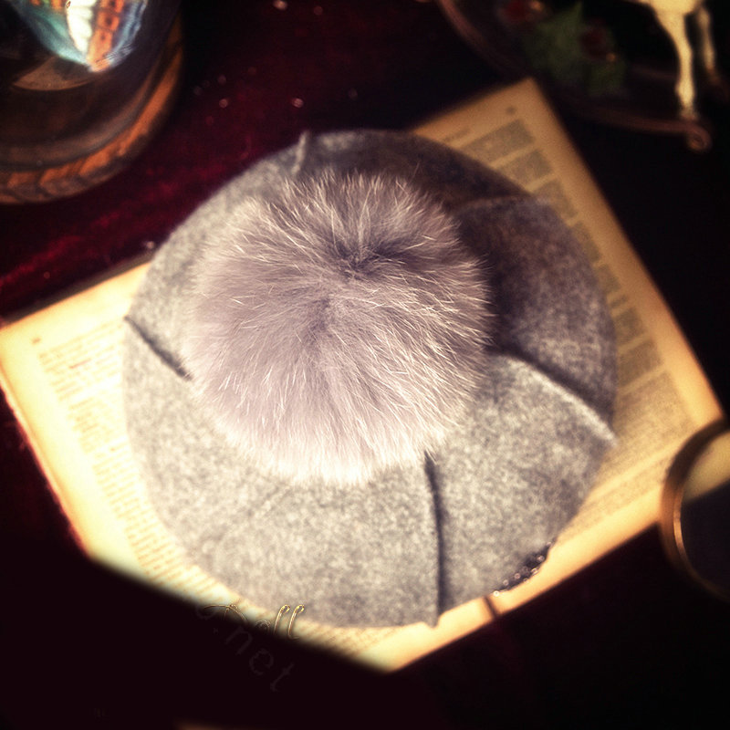 Fashion Flower Diamond Knitted Wool Hats Winter Warm Fox Fur Pom Poms Beanies Caps - Gray