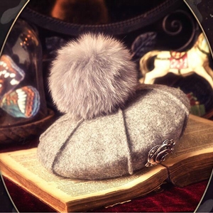 Fashion Flower Diamond Knitted Wool Hats Winter Warm Fox Fur Pom Poms Beanies Caps - Gray