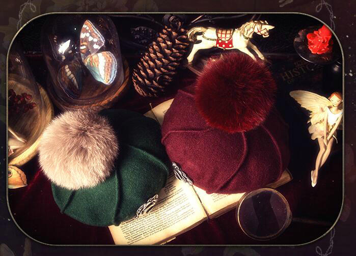 Fashion Flower Diamond Knitted Wool Hats Winter Warm Fox Fur Pom Poms Beanies Caps - Green
