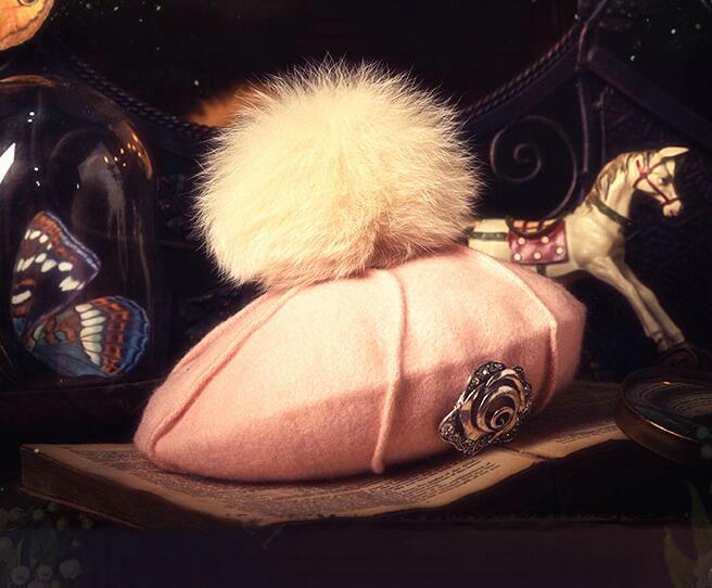 Fashion Flower Diamond Knitted Wool Hats Winter Warm Fox Fur Pom Poms Beanies Caps - Pink