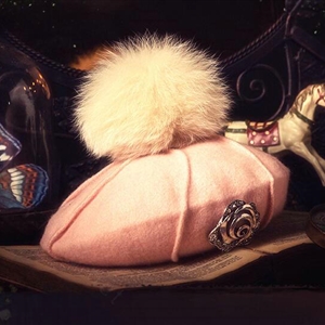 Fashion Flower Diamond Knitted Wool Hats Winter Warm Fox Fur Pom Poms Beanies Caps - Pink