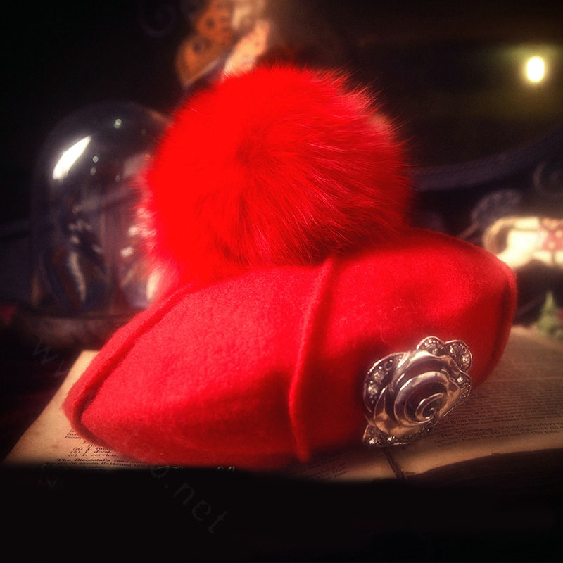 Fashion Flower Diamond Knitted Wool Hats Winter Warm Fox Fur Pom Poms Beanies Caps - Red