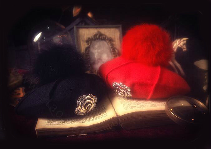 Fashion Flower Diamond Knitted Wool Hats Winter Warm Fox Fur Pom Poms Beanies Caps - Red