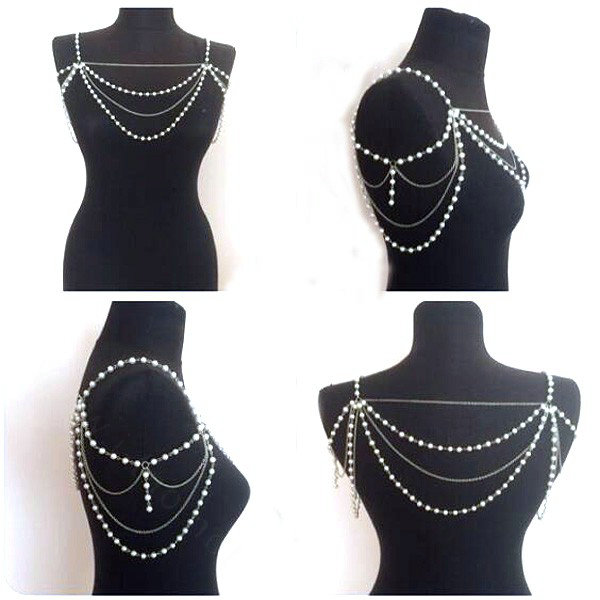 Fashion Pearl Shoulder Necklace Multilayer Tassels Body Chains Bride Jewelry - Sliver