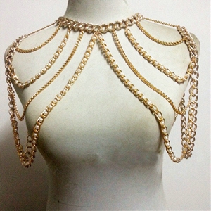 Fashion Pearl Shoulder Necklace Multilayer Tassels Body Chains Punk Jewelry - Gold