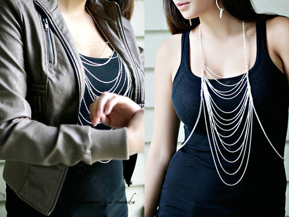 Fashion Punk Alloy Body Chain Bra Slave Harness Dress Decor Necklace Jewelry - Sliver