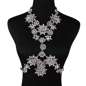Fashion Rhinestone Flower Collar Pendant Necklace Dress Decro Body Chains Jewelry - White