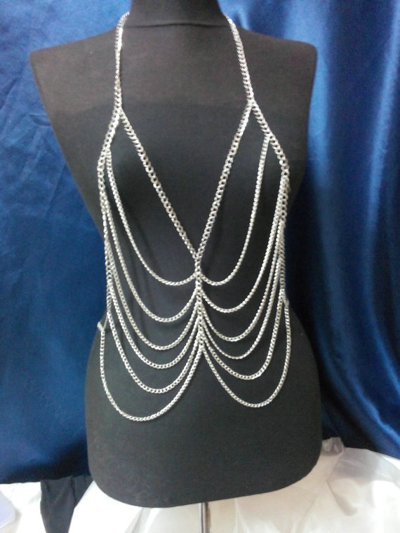 Fashion Stunning Bikini Alloy Body Chain Bra Slave Harness Necklace Jewelry - Sliver