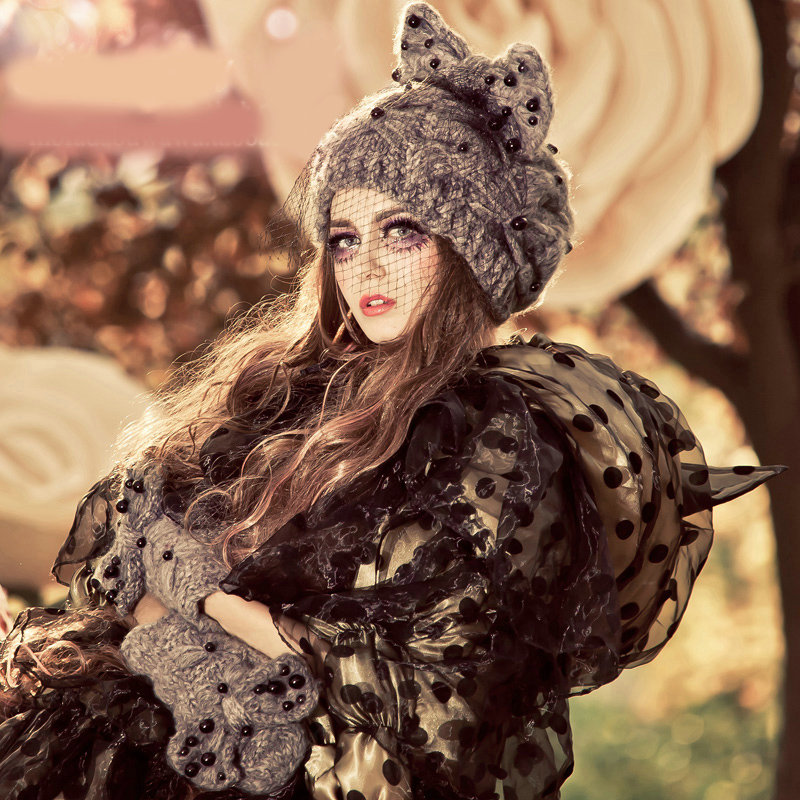 Fashion Veil Mash Bowknot Pearl Knitted Wool Hats Women Winter Warm Beanies Caps - Gray