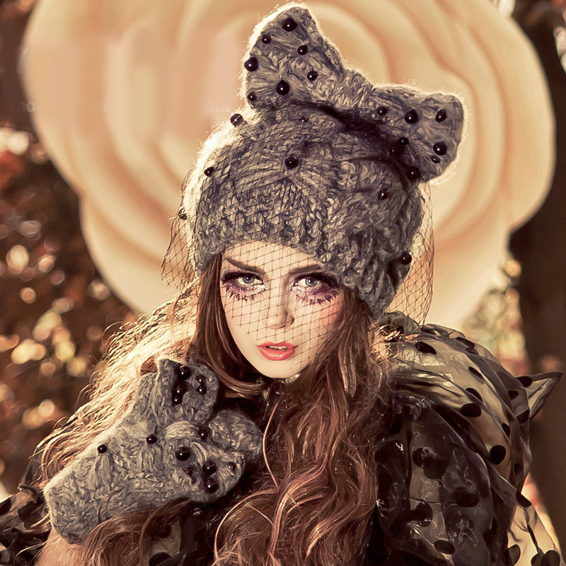 Fashion Veil Mash Bowknot Pearl Knitted Wool Hats Women Winter Warm Beanies Caps - Gray
