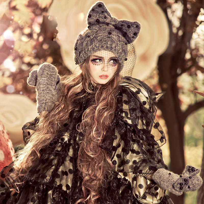 Fashion Veil Mash Bowknot Pearl Knitted Wool Hats Women Winter Warm Beanies Caps - Gray