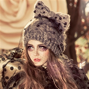 Fashion Veil Mash Bowknot Pearl Knitted Wool Hats Women Winter Warm Beanies Caps - Gray