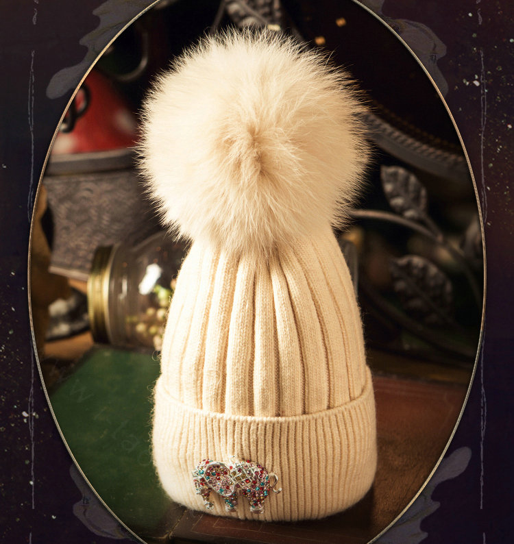 Fashion Women Diamond Elephant Knitted Wool Hats Winter Fox Fur Pom Poms Caps - Beige