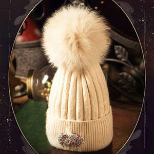 Fashion Women Diamond Elephant Knitted Wool Hats Winter Fox Fur Pom Poms Caps - Beige