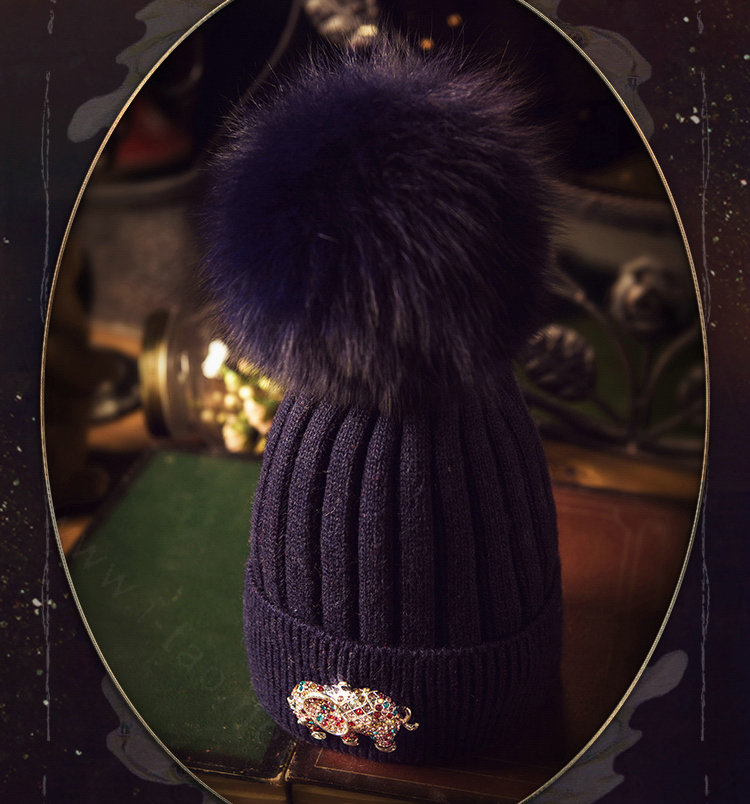 Fashion Women Diamond Elephant Knitted Wool Hats Winter Fox Fur Pom Poms Caps - Blue
