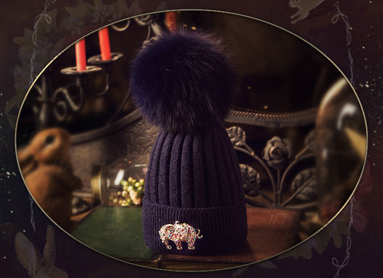 Fashion Women Diamond Elephant Knitted Wool Hats Winter Fox Fur Pom Poms Caps - Blue