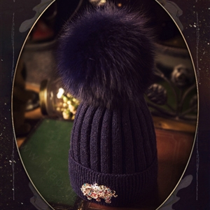 Fashion Women Diamond Elephant Knitted Wool Hats Winter Fox Fur Pom Poms Caps - Blue