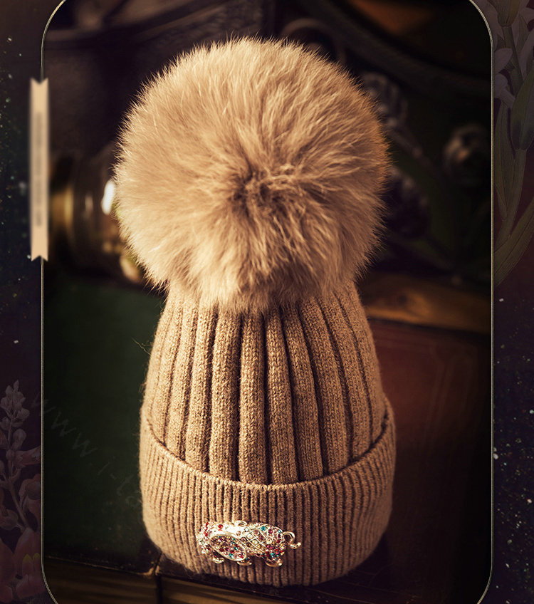 Fashion Women Diamond Elephant Knitted Wool Hats Winter Fox Fur Pom Poms Caps - Camel