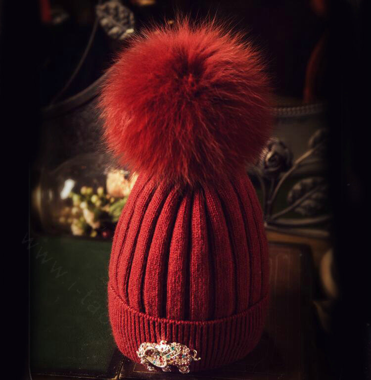 Fashion Women Diamond Elephant Knitted Wool Hats Winter Fox Fur Pom Poms Caps - Deep Red
