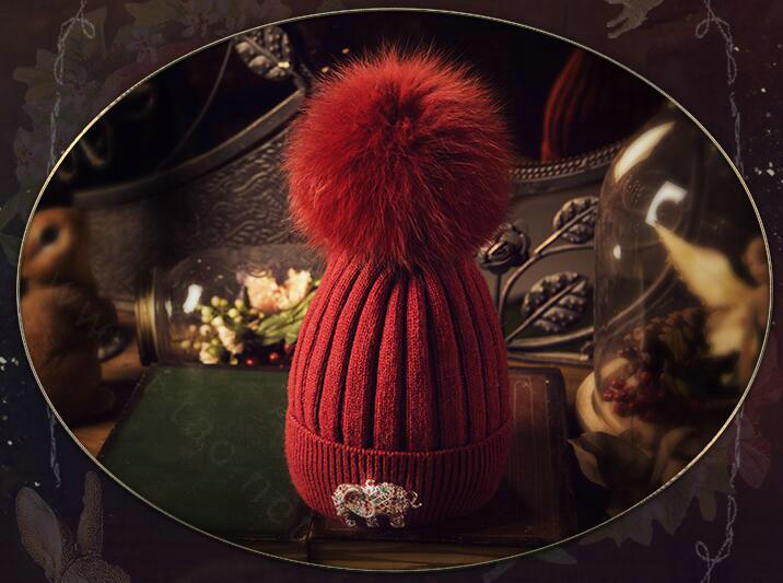 Fashion Women Diamond Elephant Knitted Wool Hats Winter Fox Fur Pom Poms Caps - Deep Red