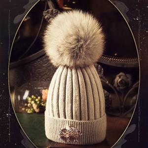 Fashion Women Diamond Elephant Knitted Wool Hats Winter Fox Fur Pom Poms Caps - Gray