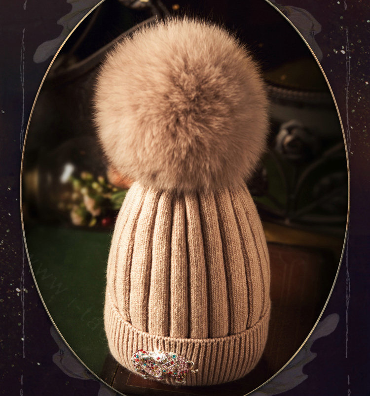 Fashion Women Diamond Elephant Knitted Wool Hats Winter Fox Fur Pom Poms Caps - Pink Camel