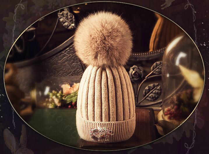 Fashion Women Diamond Elephant Knitted Wool Hats Winter Fox Fur Pom Poms Caps - Pink Camel