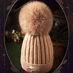 Fashion Women Diamond Elephant Knitted Wool Hats Winter Fox Fur Pom Poms Caps - Pink Camel