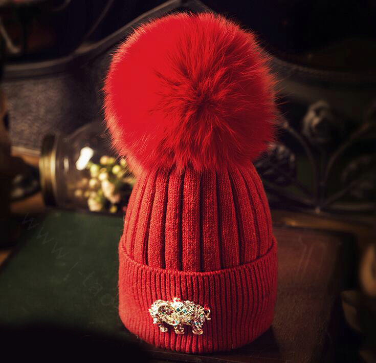 Fashion Women Diamond Elephant Knitted Wool Hats Winter Fox Fur Pom Poms Caps - Red